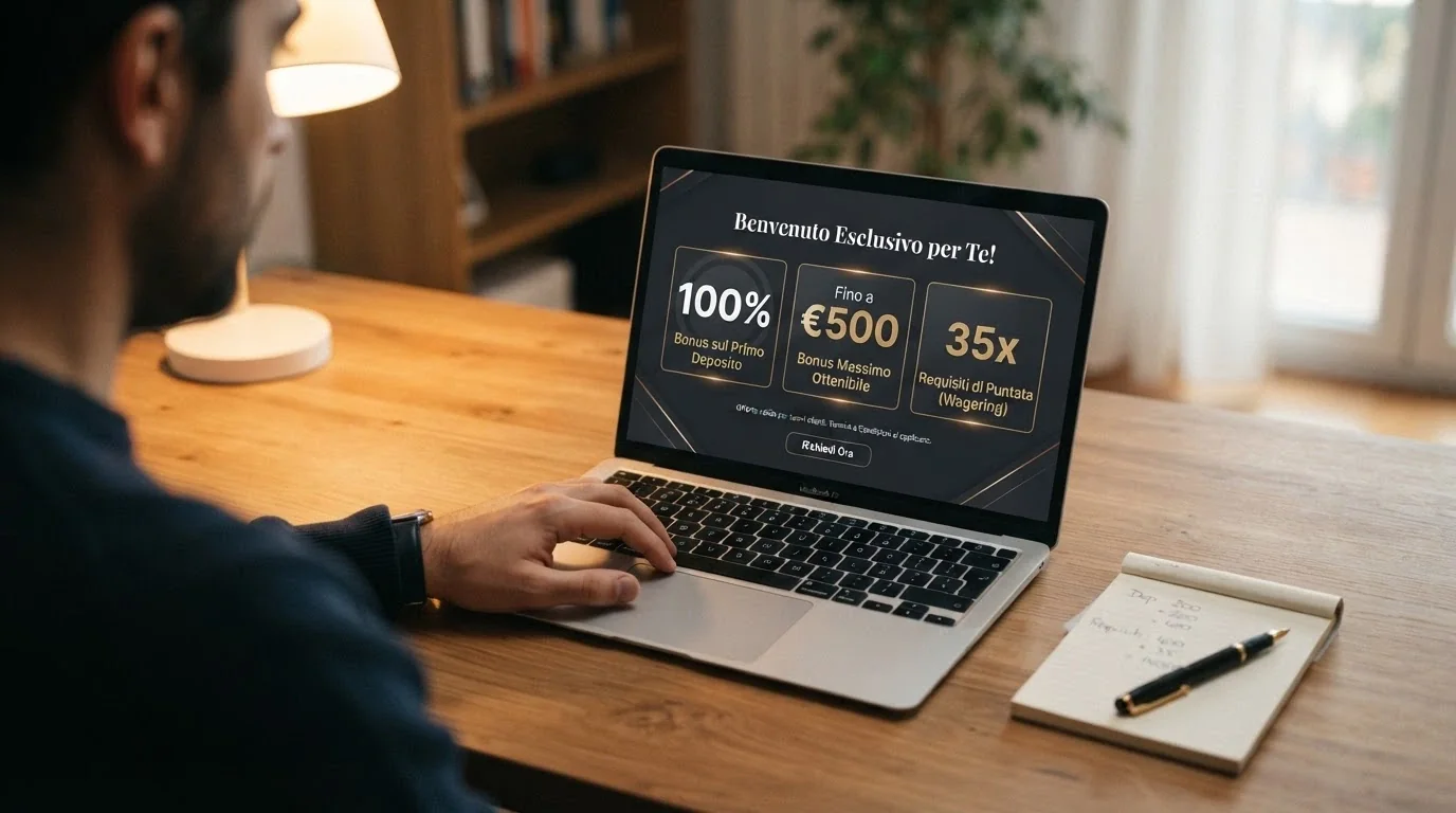 Schermata promozionale di un bonus di benvenuto crypto con percentuale, importo massimo e requisito di scommessa evidenziati