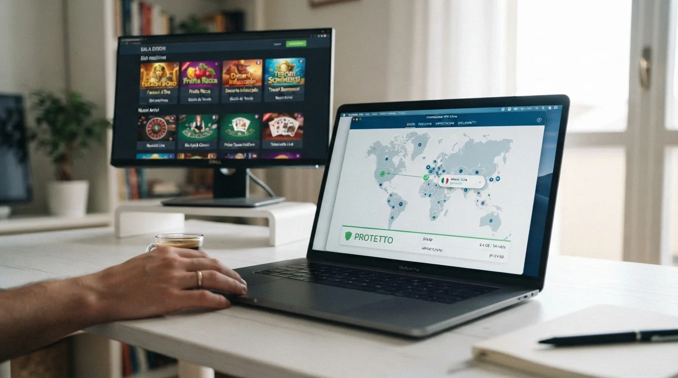 Interfaccia di una VPN attiva connessa a un server mentre sullo sfondo è visibile la lobby di un casino crypto